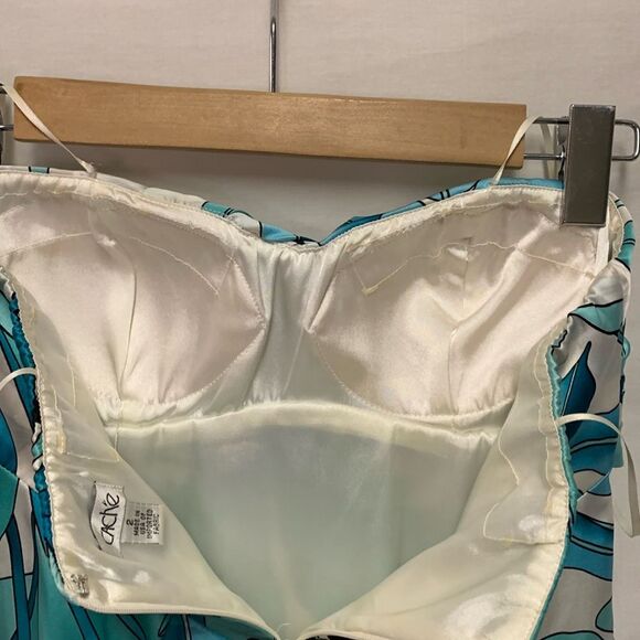 Cache Turquoise Off White Silk Tropical Leaf Pattern Strapless Mini Dress Size 2 - Picture 10 of 13